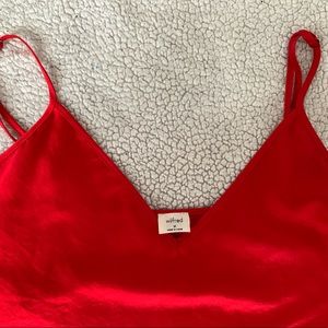 Long red satin dress from Aritzia.